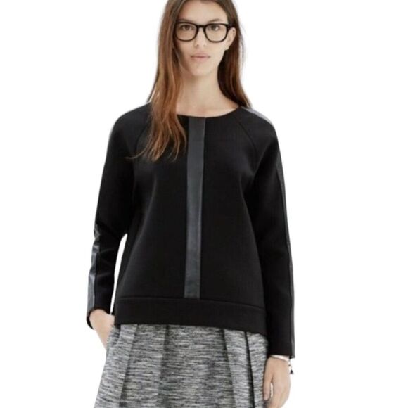 Madewell Women's Leather Inset Trim Black Crewneck Scuba Sweater Women’s Medium - Picture 1 of 8